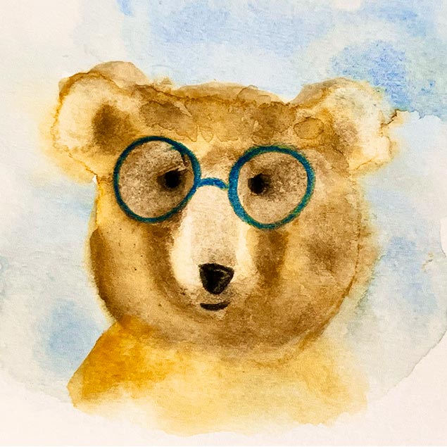 Bär mit Brille gemalt mit Wasserfarben